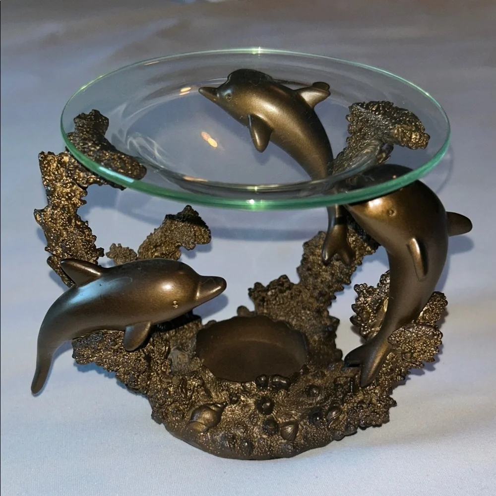 PartyLite Bronze 3 Dolphin Oil Wax Melt Scent Aroma Candle Holder (RETIRED)